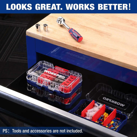 Three Piece Small Parts Organizer Set With Portable Stackable Hardware Storage Case Removable Dividers And Clear Lid in tool drawer.