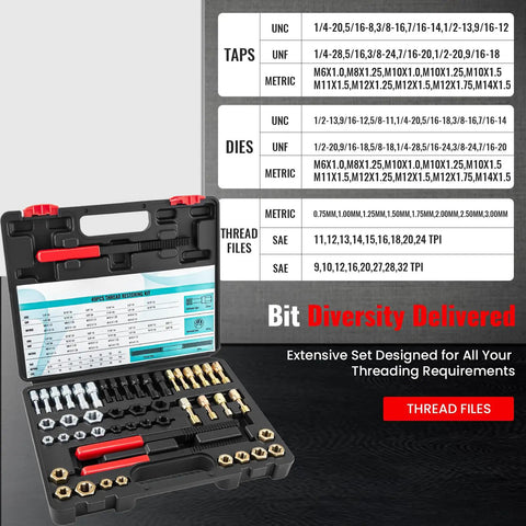 Pro Grade 49 Piece Thread Chaser Set With 22 Taps, 24 Dies, And 3 Thread Files in a durable black and red case with chart display.