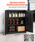 Sturdy 41.7 Inch Metal Storage Cabinet With 3 Tiers, 2 Adjustable Shelves, Lockable Magnetic Doors And 2 Keys, Heavy-Duty Steel Garage Pantry For Workshop, Basement, Office, Black, open with tools and boxes inside