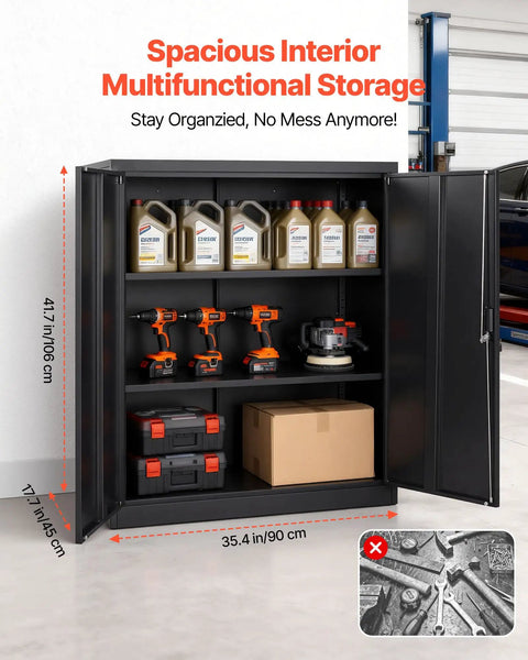 Sturdy 41.7 Inch Metal Storage Cabinet With 3 Tiers, 2 Adjustable Shelves, Lockable Magnetic Doors And 2 Keys, Heavy-Duty Steel Garage Pantry For Workshop, Basement, Office, Black, open with tools and boxes inside