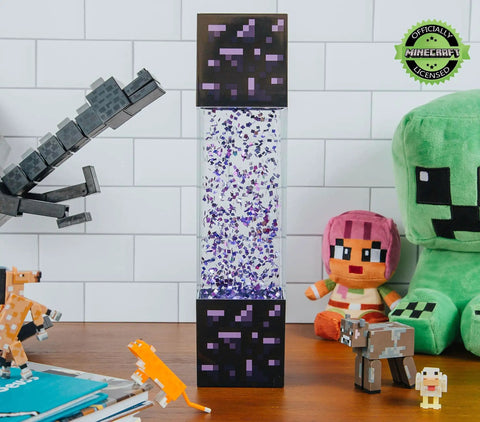 Nether Portal Glitter Motion Lamp LED Light 12-inch on desk with Minecraft decor, official video game collectible.