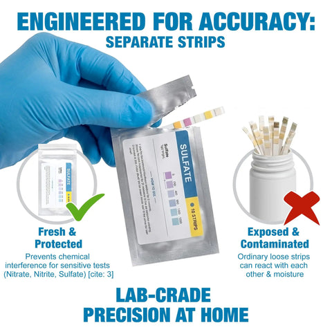 21 In 1 Drinking Water Test Kit For Tap And Well With 120 Strips And 4 Bacteria Tests showing separate sulfate strip packaging.