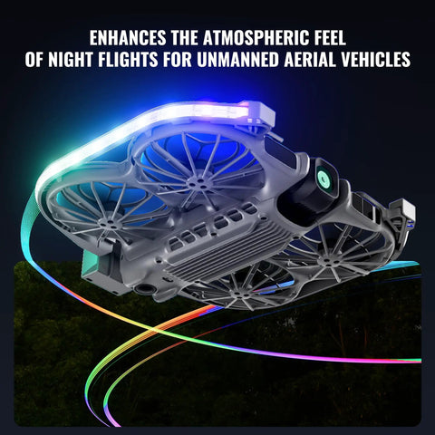Bottom view of drone with Neo2 Halo LED Light Strip For DJI Neo 2 Drone With RGB Night Lighting and three lighting modes in action.