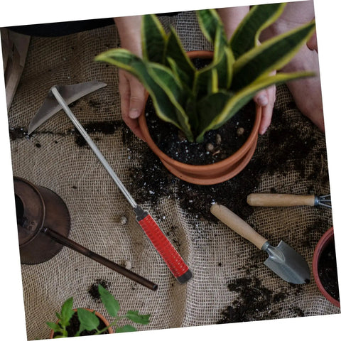 Top view of lightweight garden hand hoe with non-slip handle on soil, alongside a potted plant, shovel, and watering can.