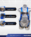 Roofing Safety Kit With Full Body Harness 100 Ft Vertical Rope Anchor Set Tool Lanyard And Duffle Bag Blue Fall Protection features
