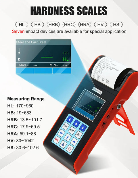 Digital Hardness Tester With Built In Printer And Full Color Display, 7 In 1 Metal Hardness Meter Supporting HL HB HRB HRC HRA HV HS Scales
