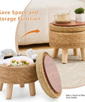 Handwoven Natural Seagrass Storage Ottoman Poufs Round Footrest Stool With 4 Wood Legs Comfy Padded Outdoor Seat Cozy Hidden Storage