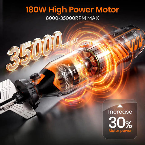 Close-up of the 180W motor showcasing 8000-35000RPM max capabilities of the Badass 180W Cordless Chainsaw Sharpener Kit.