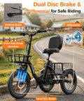 Adult E Trike With 1200W Peak Motor 18 MPH 3 Riding Modes And 748.8Wh Removable Battery For Smooth Acceleration Easy Hill Climbing And Daily Errands For Commuting Trails And Weekend Fun And City Cruising, black adult electric trike with front basket and rear cargo basket