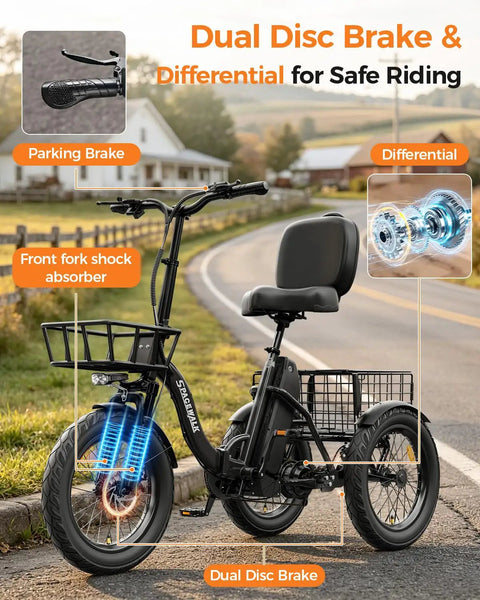 Adult E Trike With 1200W Peak Motor 18 MPH 3 Riding Modes And 748.8Wh Removable Battery For Smooth Acceleration Easy Hill Climbing And Daily Errands For Commuting Trails And Weekend Fun And City Cruising, black adult electric trike with front basket and rear cargo basket