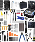 All In One 262 PC 3D Printer Tool Set With Tool Bag For Removal Trimming Finishing Sanding Cleaning And Scraping Pro Grade Nozzle Cleaning Kit Plus Mini Electric Grinder For Full Process Modeling laid out with accessories.