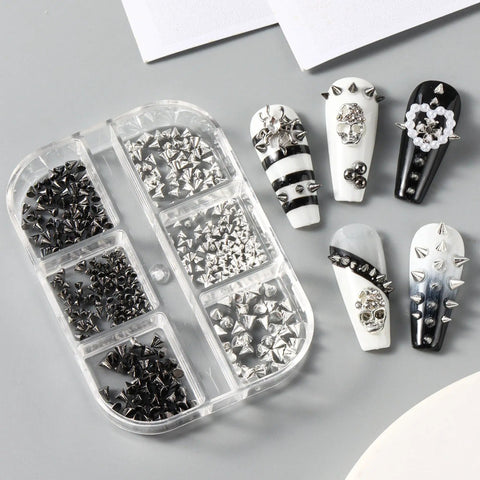 Dope Mini Metal Punk Nail Art Studs Set In Gold And Black, Mixed Sizes With Tweezers And Steel Ball Charms, Diy Nail Jewelry Kit, 6 Grid Organizer For Quick, Precise, Edgy Manis. black and silver studs in 6-grid case with sample nails