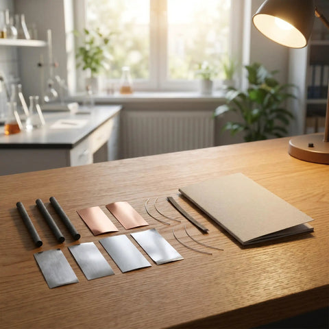 Metal Electrodes Kit For Basic Electricity Science Demos With Zinc Sheets Copper Plates Iron Anode Sheet And Graphite Rods on table