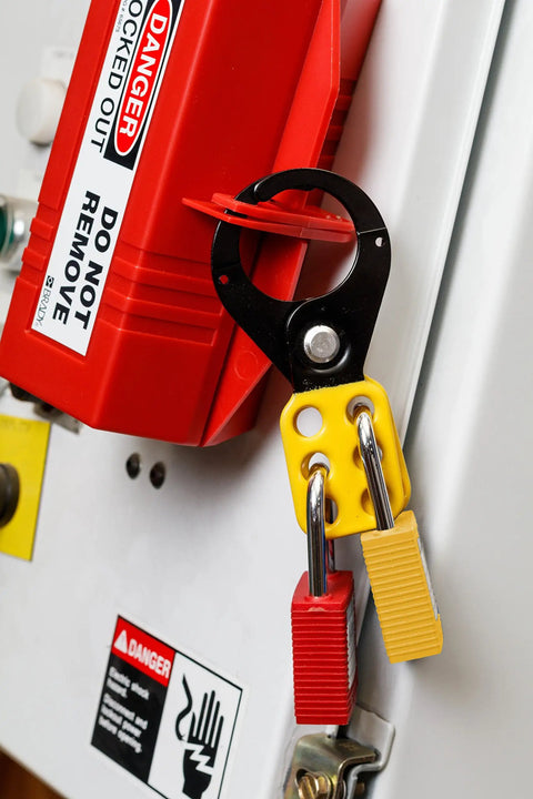 Economy Electrical Lockout Toolbox Kit With Rugged Polypropylene Case, lockout hasp with padlocks on electrical box