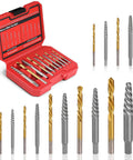 Uyecove 14-piece screw extractor set with left-hand drill bits in red case; 35Cr-Mo & 6542 HSS steel.