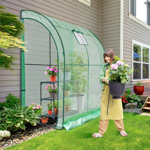 Lean-To Garden Greenhouse With 3-Tier Shelves, Walk-In Wall Mounted Design, Mesh Windows, Two Roll-Up Zipper Doors, Large 79 By 39 By 83 Inch Outdoor Greenhouse, Reinforced Frame For Outdoor Ready