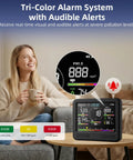 Indoor Air Quality Monitor For Home With CO2 Detector And PM Sensors PM0.3 PM0.5 PM1.0 PM5.0 PM10, Formaldehyde HCHO And TVOC Sensor, C6H6, Smart AQI Alerts, Temperature And Humidity, Real Time IAQ Tracking, Audible Warnings, Silver display with tri-color alarm system on table