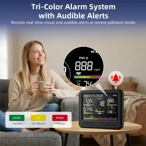 Indoor Air Quality Monitor For Home With CO2 Detector And PM Sensors PM0.3 PM0.5 PM1.0 PM5.0 PM10, Formaldehyde HCHO And TVOC Sensor, C6H6, Smart AQI Alerts, Temperature And Humidity, Real Time IAQ Tracking, Audible Warnings, Silver display with tri-color alarm system on table