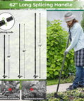Heavy Duty Workhorse 2 In 1 Garden Hoe For Weeding And Cultivating With A Sharp 4 Tine Cultivator And Stirrup Hoe 76 Inch Long Handle Lightweight Yet Durable Weeding Rake For Grass Beds And Soil Aeration, woman using 73-inch splicing handle