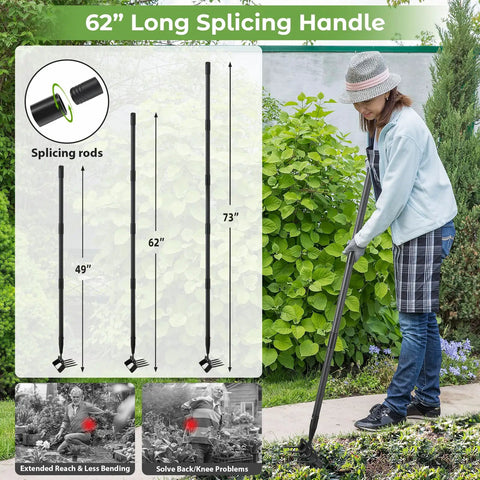 Heavy Duty Workhorse 2 In 1 Garden Hoe For Weeding And Cultivating With A Sharp 4 Tine Cultivator And Stirrup Hoe 76 Inch Long Handle Lightweight Yet Durable Weeding Rake For Grass Beds And Soil Aeration, woman using 73-inch splicing handle