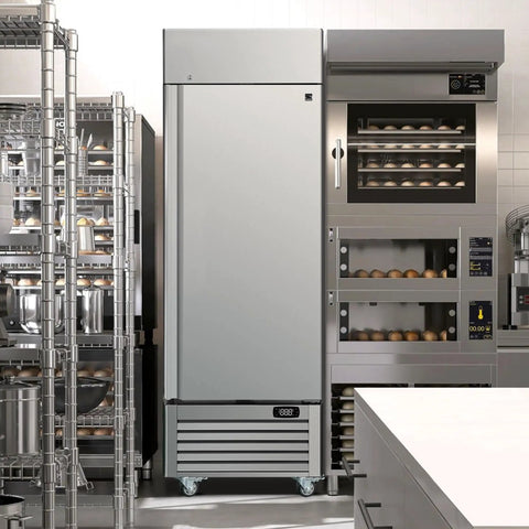 Heavy Duty 23 Cubic Foot Stainless Steel Commercial Upright Freezer Frost Free Convertible Refrigerator in a professional kitchen.