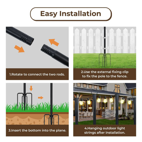Heavy Duty 10 Foot Outdoor String Light Poles Set Of 6 For Patio Garden And Backyard Metal Pole Stands With Fence Brackets For Hanging Lights Adjustable Height Weatherproof Outdoor Lighting Poles For Festive Decor