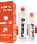 WHOOSH! Screen Shine Duo XL screen cleaner set, front view, with 3.4 oz and 1 oz bottles and two red microfiber cloths.