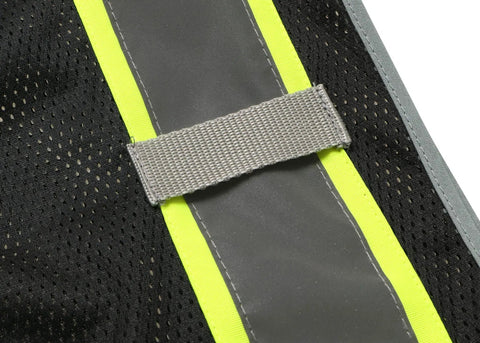 Men's Black High Visibility Safety Vest With Zip Front And Cargo Pockets Class 2 Reflective Work Vest showing reflective trim detail.