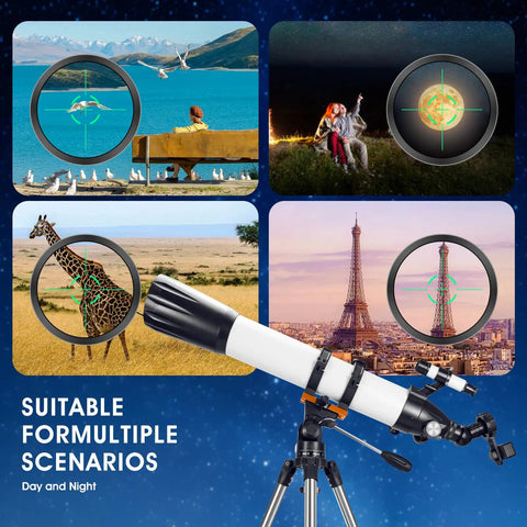High Powered 90mm Aperture 800mm Refractor Telescope For Astronomy Beginners And Adults With Stainless Tripod, showing various viewing scenarios like wildlife and landmarks.