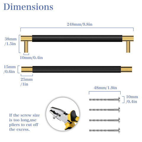 Dimensions for Brushed Satin Gold Brass Finish T Bar Cabinet Handles with Electroplated Matte Black Accents, 9.7 inch length