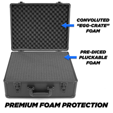 17 Inch Locking Storage Box With Two Layer Customizable Foam Hard Shell Aluminum Frame Lock Box For Dorm Room Personal Items Tools And Electronics Secure With Two Keys, open showing foam interior.