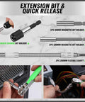 Extension and quick release magnetic bit holders from the 232-Piece Ultimate Screwdriver Bit Set For Impact Drivers And Wrenches With Cr-V Steel
