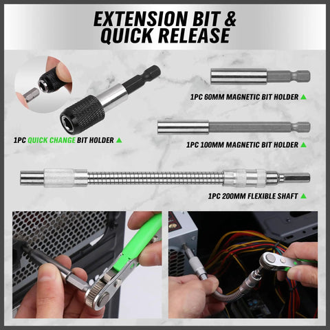 Extension and quick release magnetic bit holders from the 232-Piece Ultimate Screwdriver Bit Set For Impact Drivers And Wrenches With Cr-V Steel