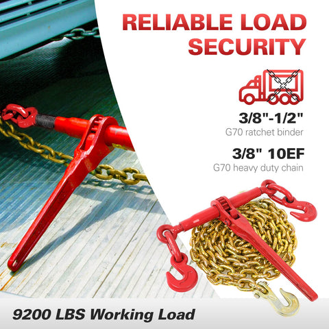 Heavy Duty Three Eighths To One Half Inch Ratchet Binder With G80 Chain And Grappling G70 Hook For Flatbed Hauling on truck bed