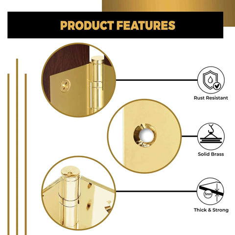 Close-up features of Beefy Heavy Duty Ball Bearing Door Hinges Solid Brass 5 By 5 Inches Polished Gold Finish with decorative tips