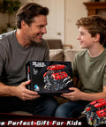 Father and son holding V8 Engine Model Kit That Runs With Motorized Pistons, Car Engine Building Blocks Set For STEM Learning box