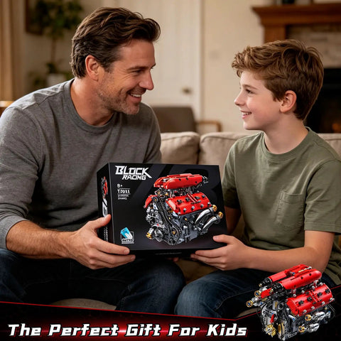 Father and son holding V8 Engine Model Kit That Runs With Motorized Pistons, Car Engine Building Blocks Set For STEM Learning box