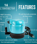 Tiny But Mighty Submersible Pump 1-A 115 Volt 1/200 HP 170 GPH, features labeled, shown with 6-foot cord and screened inlet