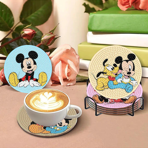 8 Piece Cartoon Diamond Painting Coaster Set With Holder featuring colorful round coasters with cartoon characters