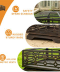 32 Inch Outdoor Wood Burning Fire Pit With Mesh Cover And Fire Poker Large Square Metal Fireplace details showing mesh screen, sturdy base, and vents