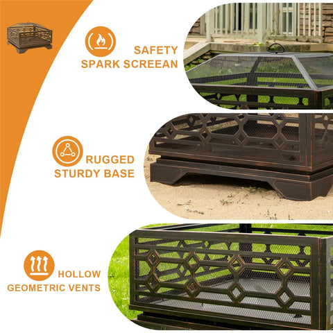 32 Inch Outdoor Wood Burning Fire Pit With Mesh Cover And Fire Poker Large Square Metal Fireplace details showing mesh screen, sturdy base, and vents