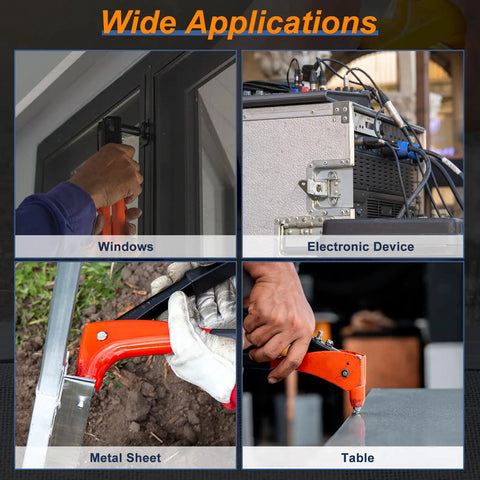Wide applications image showing 100 Pack 3/16x3/8 Aluminum Countersunk Blind Rivets Silver Open End Fasteners in use on windows, metal sheets, and tables.