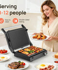 Svuineek 14 Inch Electric Indoor Grill With Panini Press Functionality 1600W Power for grilling food serving 8-12 people.