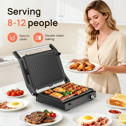 Svuineek 14 Inch Electric Indoor Grill With Panini Press Functionality 1600W Power for grilling food serving 8-12 people.