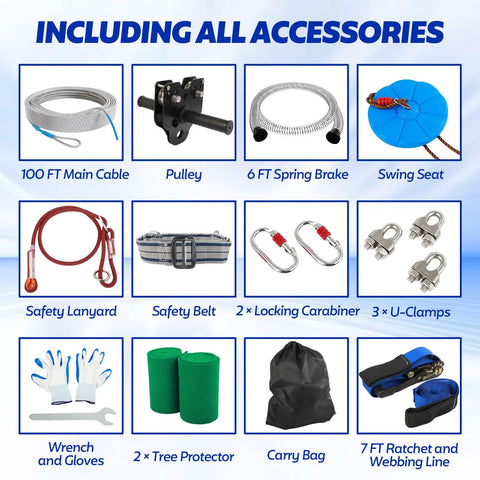 100 Ft Zip Line Kit For Kids And Adults Up To 400 Lbs With Removable Trolley Thick Seat Safety Harness And Quick Tighten System components