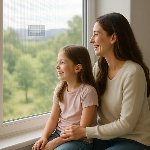 Fiberglass Screen Repair Tape 2 In By 20 Ft With Strong Adhesive Mesh Patch For Windows Or Doors Waterproof DIY Kit That Sticks Tight And Stays Flexible In Humidity Ideal For Easy Home Repairs And Quick Fuss Free Fixes Anywhere applied on window screen with mother and daughter in background enjoying view outside.