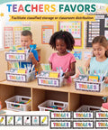 Children organizing school supplies in Six Pack Stackable Classroom Caddies With Handles, 3 Compartments, Clear Plastic Storage Bins