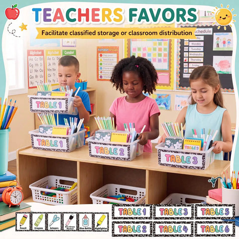 Children organizing school supplies in Six Pack Stackable Classroom Caddies With Handles, 3 Compartments, Clear Plastic Storage Bins