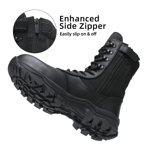 8 Inch Steel Toe Work Boots With Side Zipper For Industrial Construction And Roofing Lightweight Comfortable Indestructible Tough As Nails Puncture Proof Safety Boots With All Terrain Non Slip Outsole For Warehouse Logger Size Nine Point Five Black
