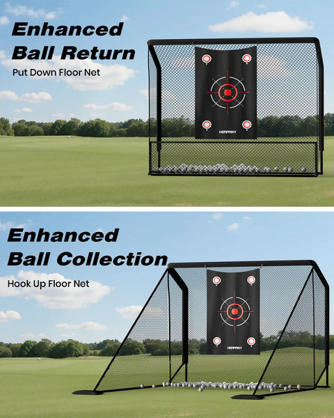 Heavy Duty Golf Practice Net 10x7ft For Indoor Outdoor Training With Ball Capture System And Carry Bag Portable Hitting Net Perfect For Backyard Driving Chipping And Swing Practice, shown with enhanced ball return and collection system.